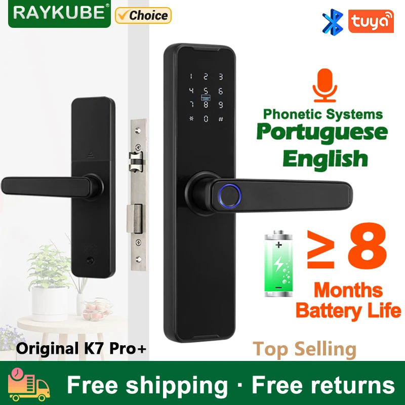 Fechadura Eletrónica RAYKUBE K7 Pro+ | Impressão Digital, NFC, Wi-Fi, App Tuya