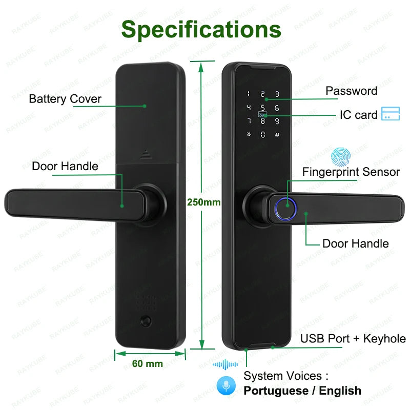 Fechadura Eletrónica RAYKUBE K7 Pro+ | Impressão Digital, NFC, Wi-Fi, App Tuya